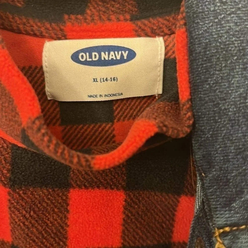Old Navy Girls Denim Vest Red Buffalo Plaid‎ fleece 14/16  Woodsy valentines